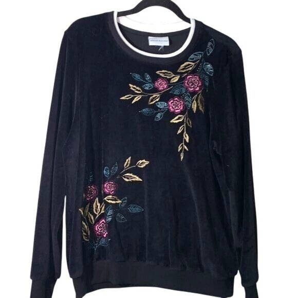 Alfred Dunner Black Velvet Embroidered Floral Sweatshirt Pullover Womens Size L - Picture 3 of 11